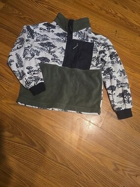 Kids Olive Green and White Patterned Quarter-Zip Fleece Pullover Hoodie